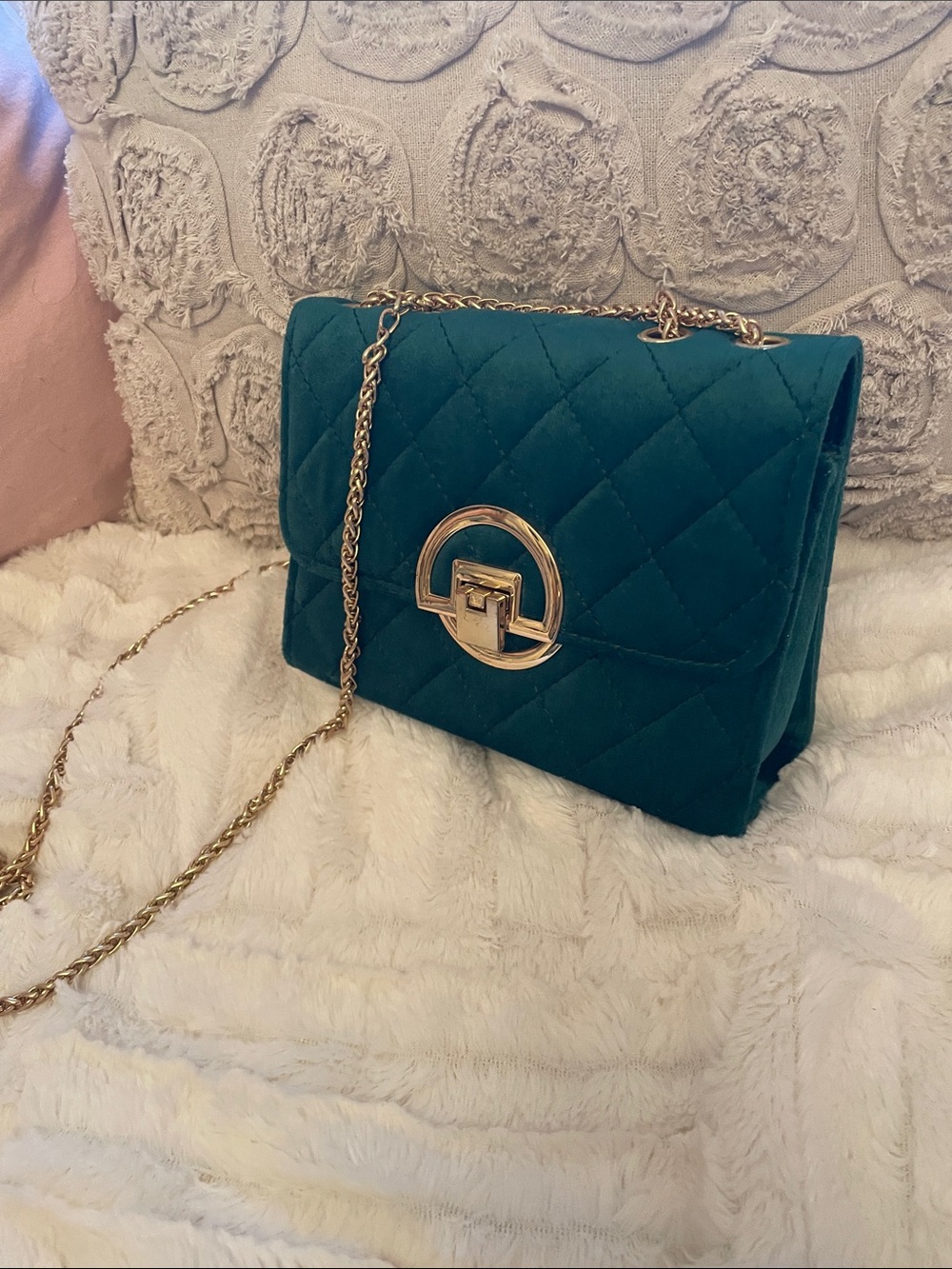 Quilted emerald green Chain Shoulder Bag with Gold Hardware